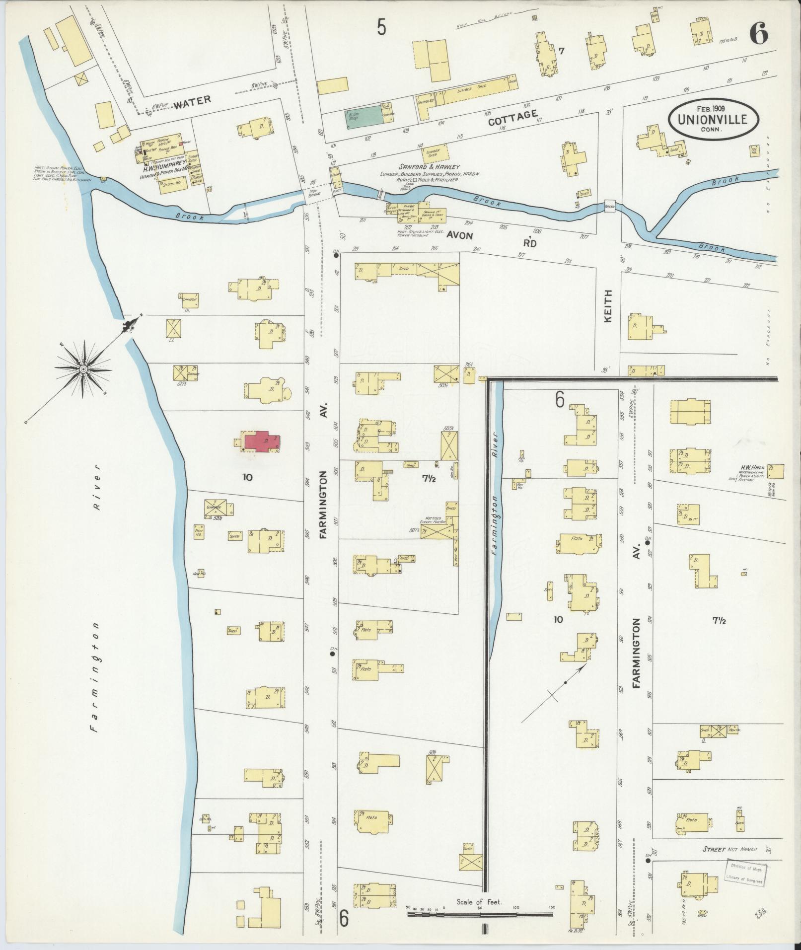 Sanborn Fire Insurance Map from Unionville, Hartford County, Connecticut (1909), Sheet #0006 - Complete Map Set gallery image, historic Sanborn map, vintage wall art, Connecticut Connecticut