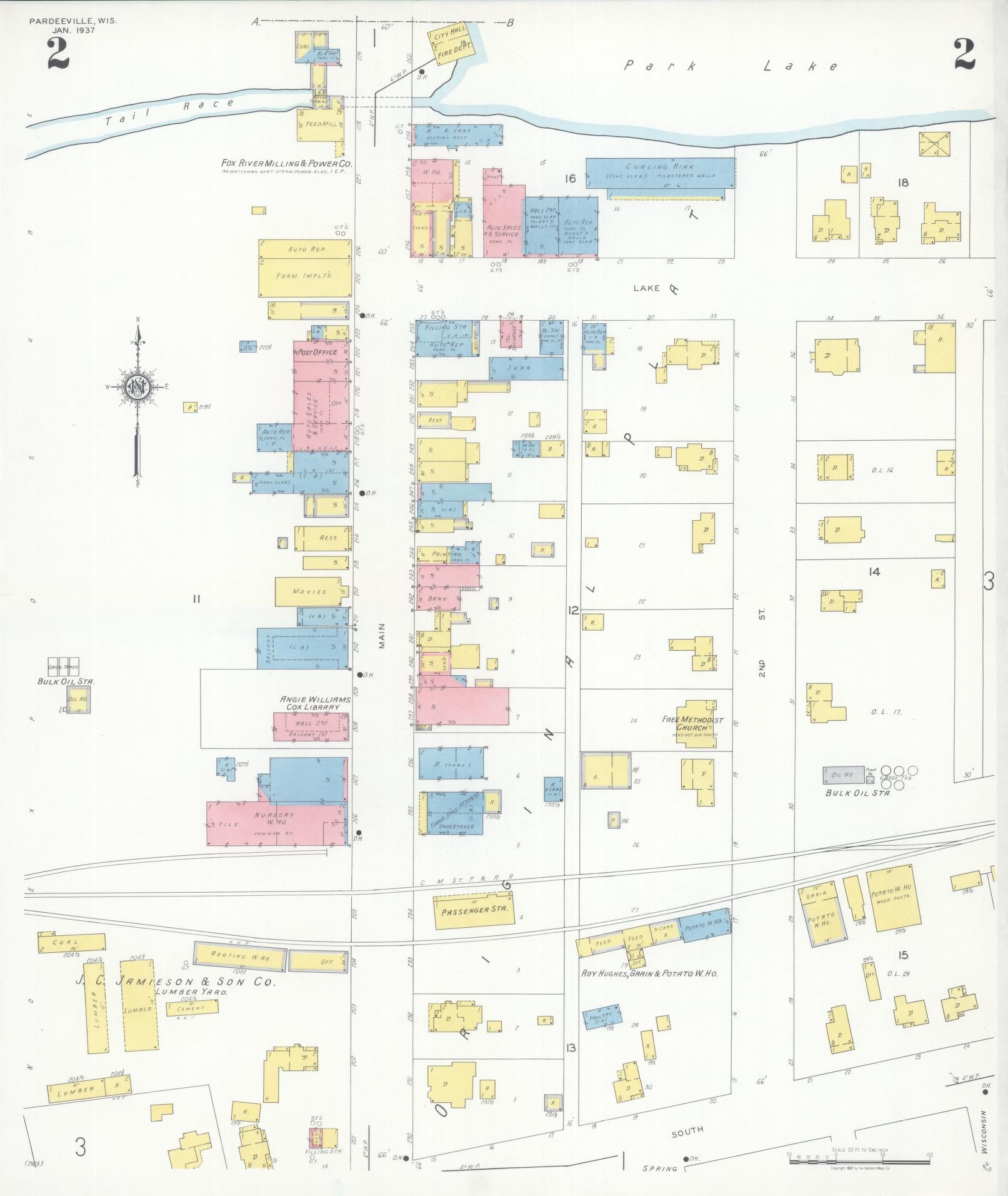Sanborn Fire Insurance Map from Pardeeville, Columbia County, Wisconsin (1937), Sheet #0002 - Historic Sanborn Fire Insurance Map Print, vintage old map wall art, antique decor, genealogy gift, Wisconsin Wisconsin map