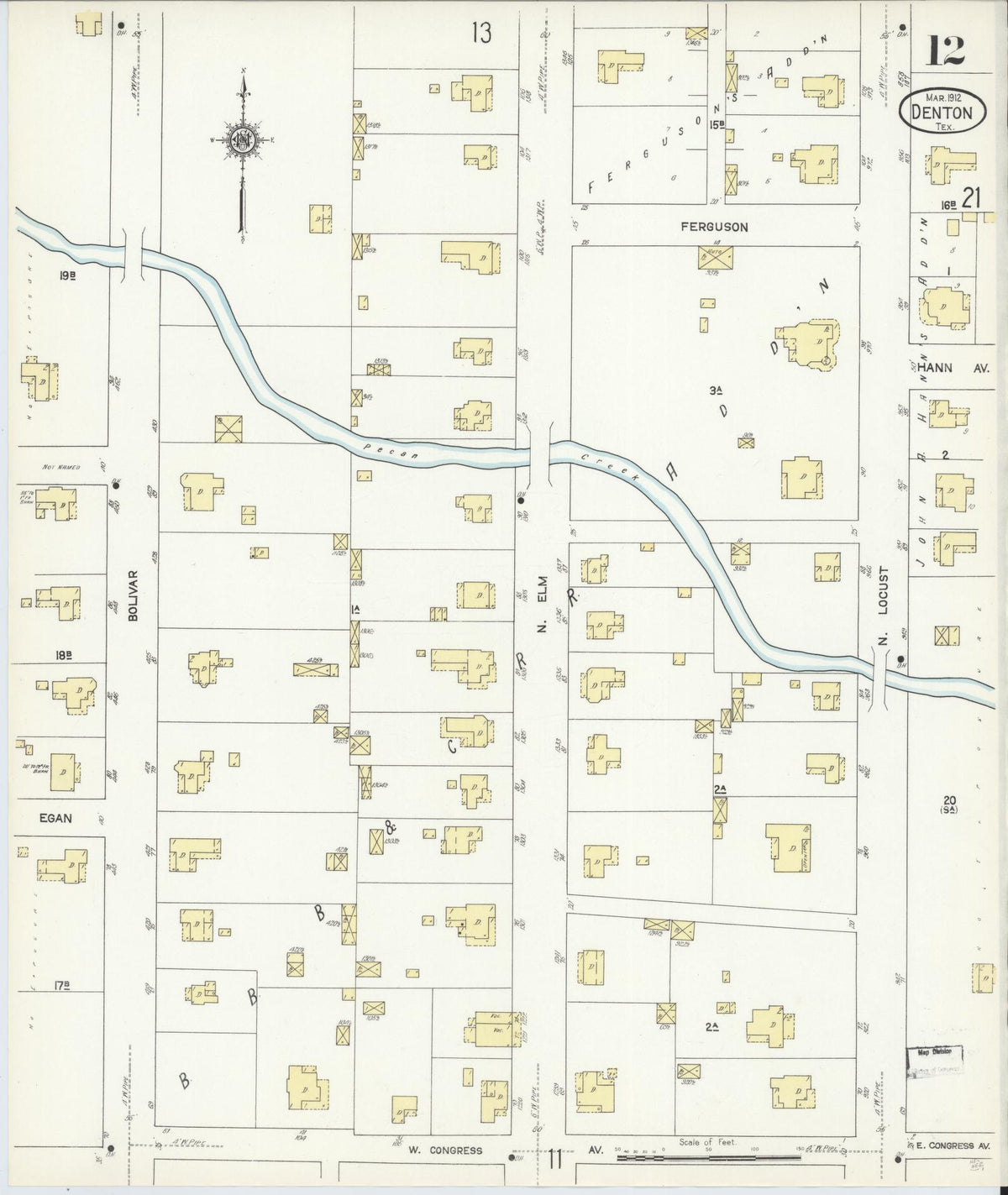 Sanborn Fire Insurance Map from Denton, Denton County, Texas (1912), Sheet #0012 - Historic Sanborn Fire Insurance Map Print, vintage old map wall art, antique decor, genealogy gift, Texas Texas map