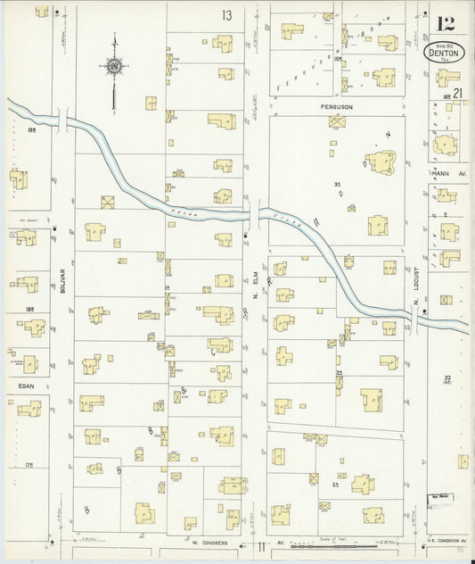 Sanborn Fire Insurance Map from Denton, Denton County, Texas (1912), Sheet #0012 - Historic Sanborn Fire Insurance Map Print, vintage old map wall art, antique decor, genealogy gift, Texas Texas map