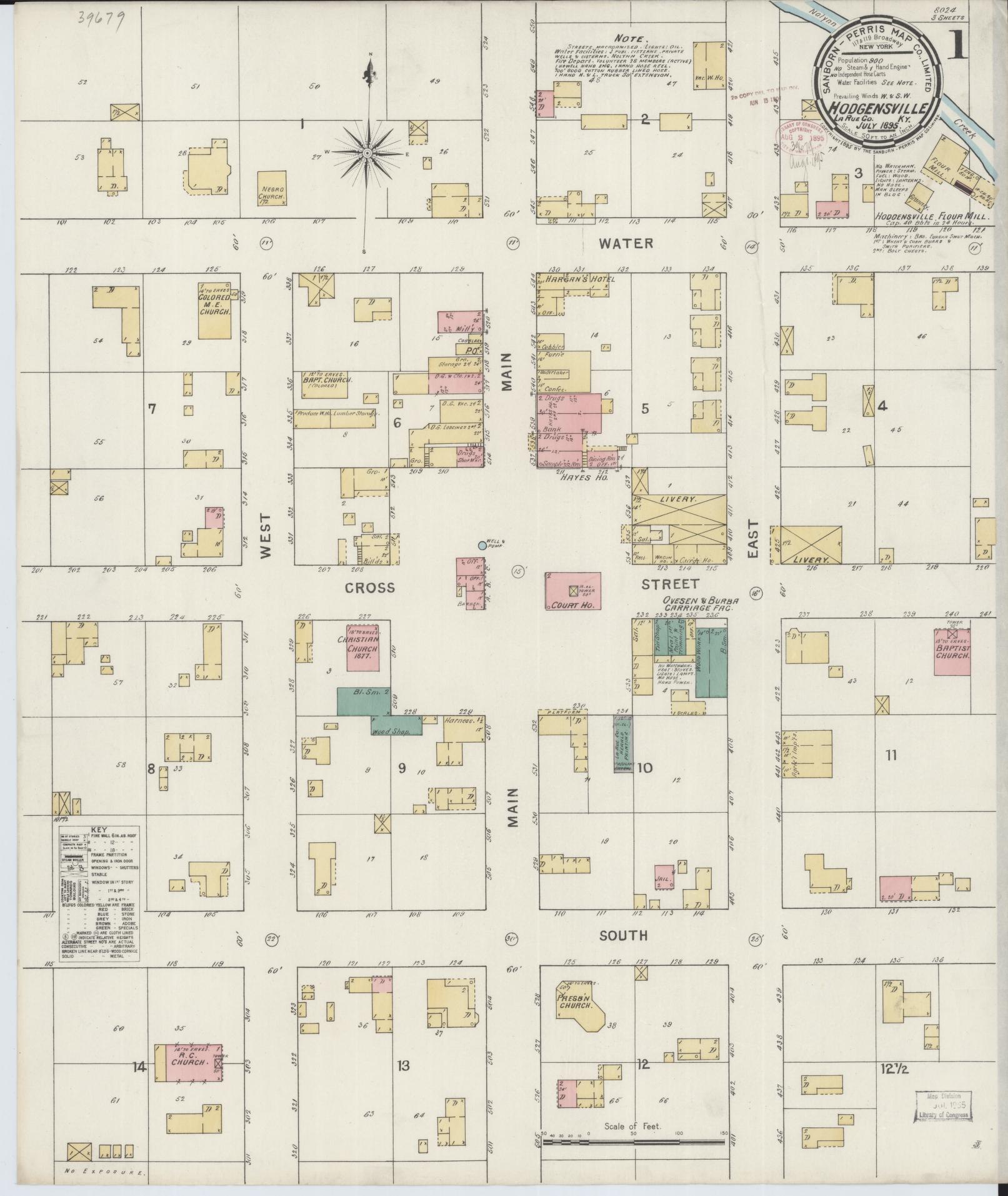 Sanborn Fire Insurance Map from Hodgenville, Larue County, Kentucky (1895), Sheet #0001 - Complete Map Set gallery image, historic Sanborn map, vintage wall art, Kentucky Kentucky