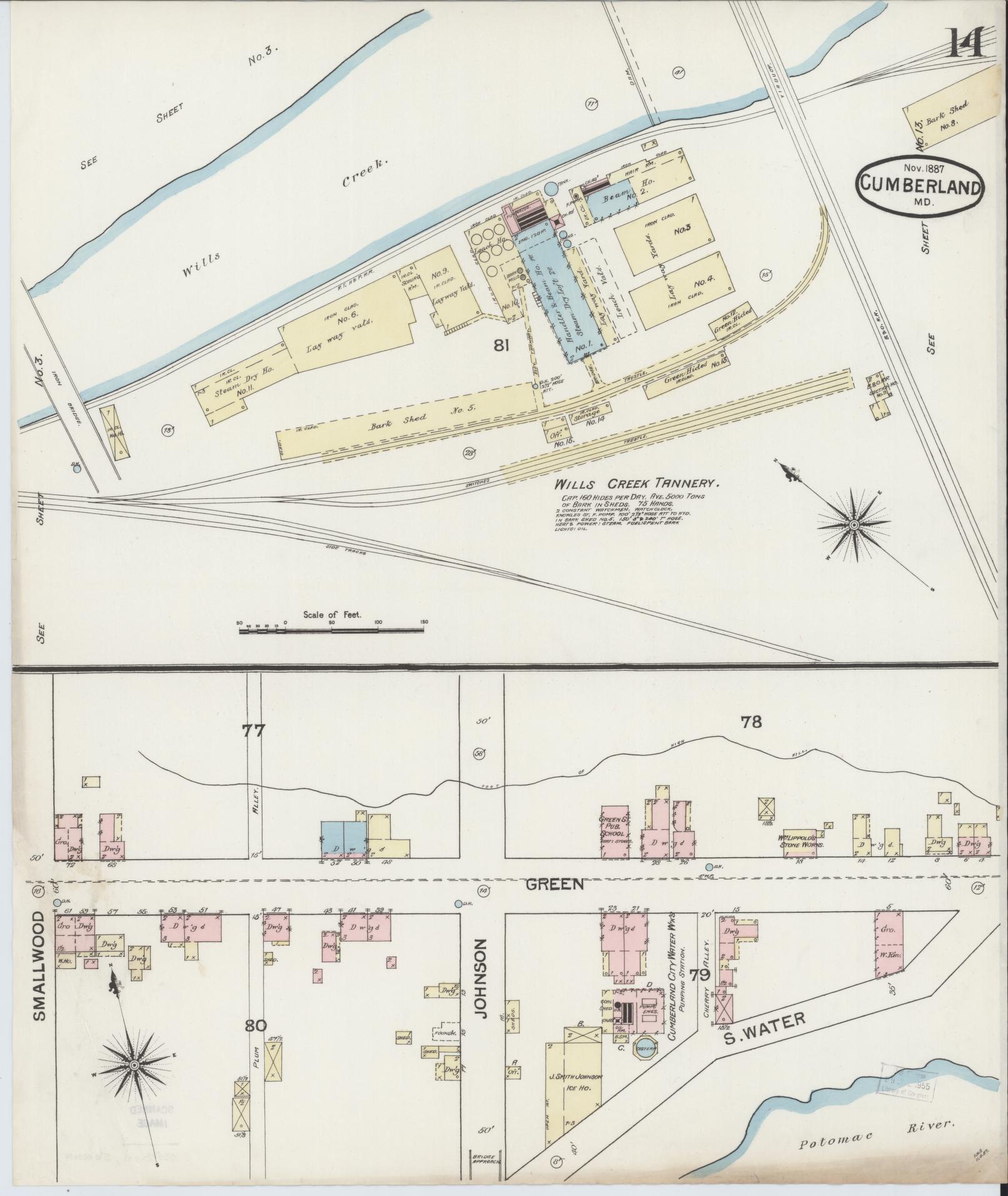 Sanborn Fire Insurance Map from Cumberland, Allegany County, Maryland (1887), Sheet #0014 - Historic Sanborn Fire Insurance Map Print, vintage old map wall art, antique decor, genealogy gift, Maryland Maryland map