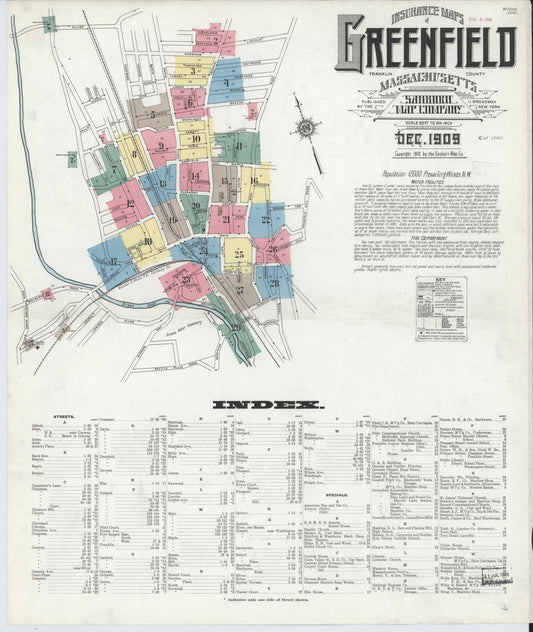 Sanborn Fire Insurance Map from Greenfield, Franklin County, Massachusetts (1909), Sheet #0001 - Complete Map Set gallery image, historic Sanborn map, vintage wall art, Massachusetts Massachusetts