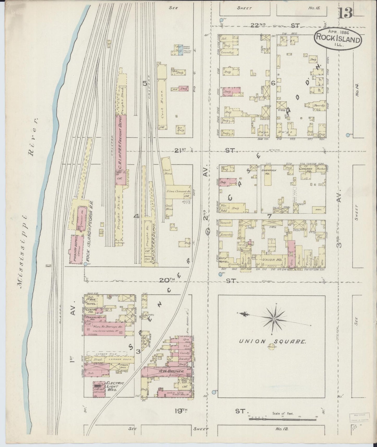 Sanborn Fire Insurance Map from Rock Island, Rock Island County, Illinois (1886), Sheet #0013 - Historic Sanborn Fire Insurance Map Print, vintage old map wall art, antique decor, genealogy gift, Illinois Illinois map