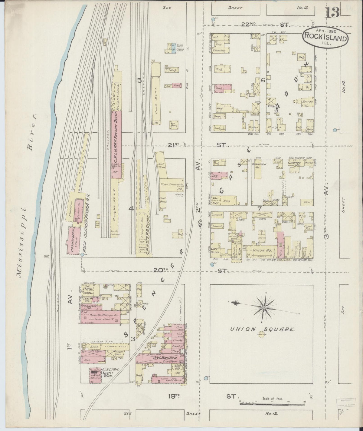 Sanborn Fire Insurance Map from Rock Island, Rock Island County, Illinois (1886), Sheet #0013 - Historic Sanborn Fire Insurance Map Print, vintage old map wall art, antique decor, genealogy gift, Illinois Illinois map