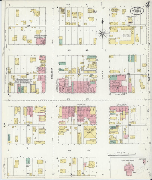 Sanborn Fire Insurance Map from Wahoo, Saunders County, Nebraska (1907), Sheet #0002 - Historic Sanborn Fire Insurance Map Print, vintage old map wall art, antique decor, genealogy gift, Nebraska Nebraska map