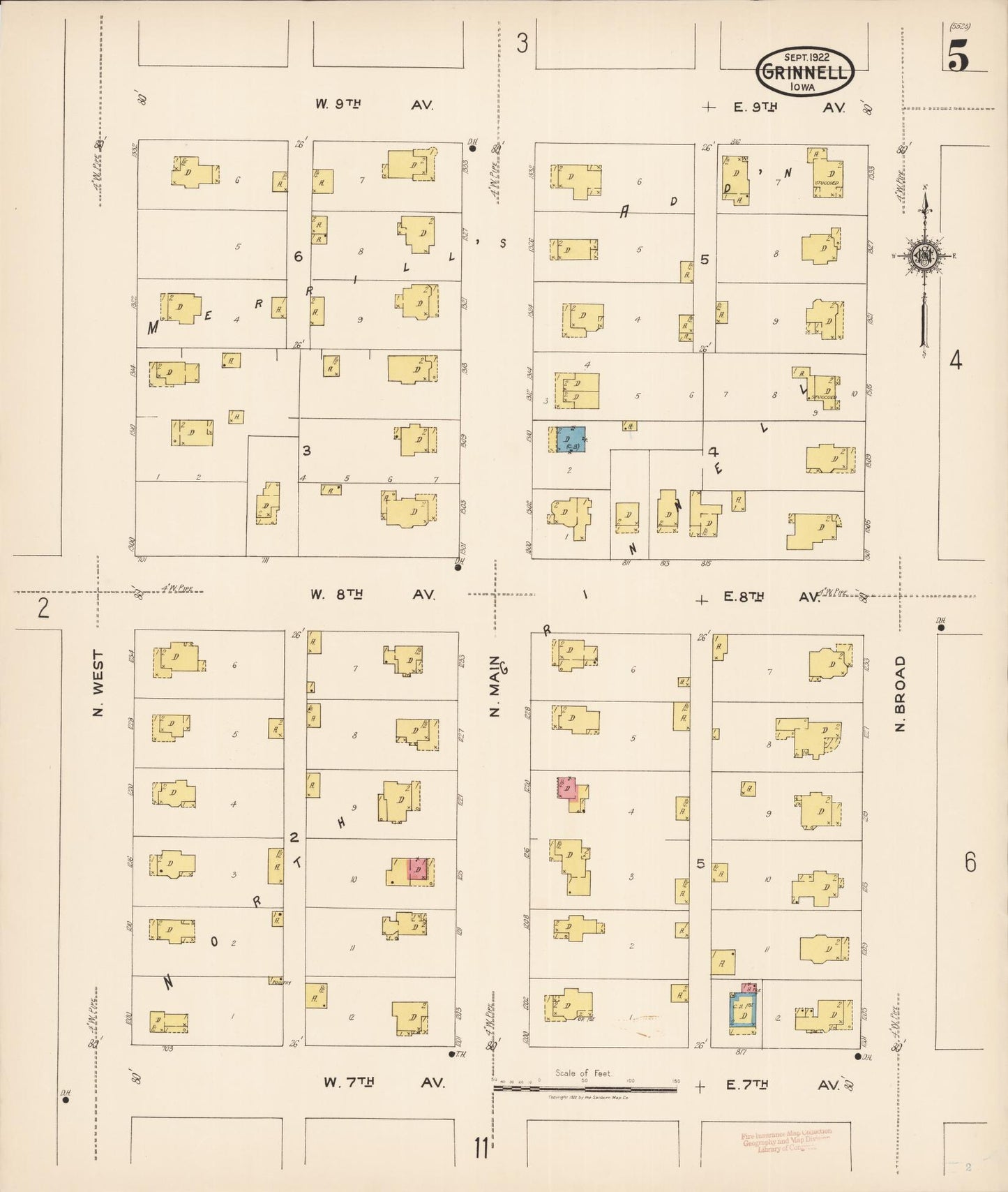 Sanborn Fire Insurance Map from Grinnell, Poweshiek County, Iowa (1922), Sheet #0005 - Historic Sanborn Fire Insurance Map Print, vintage old map wall art