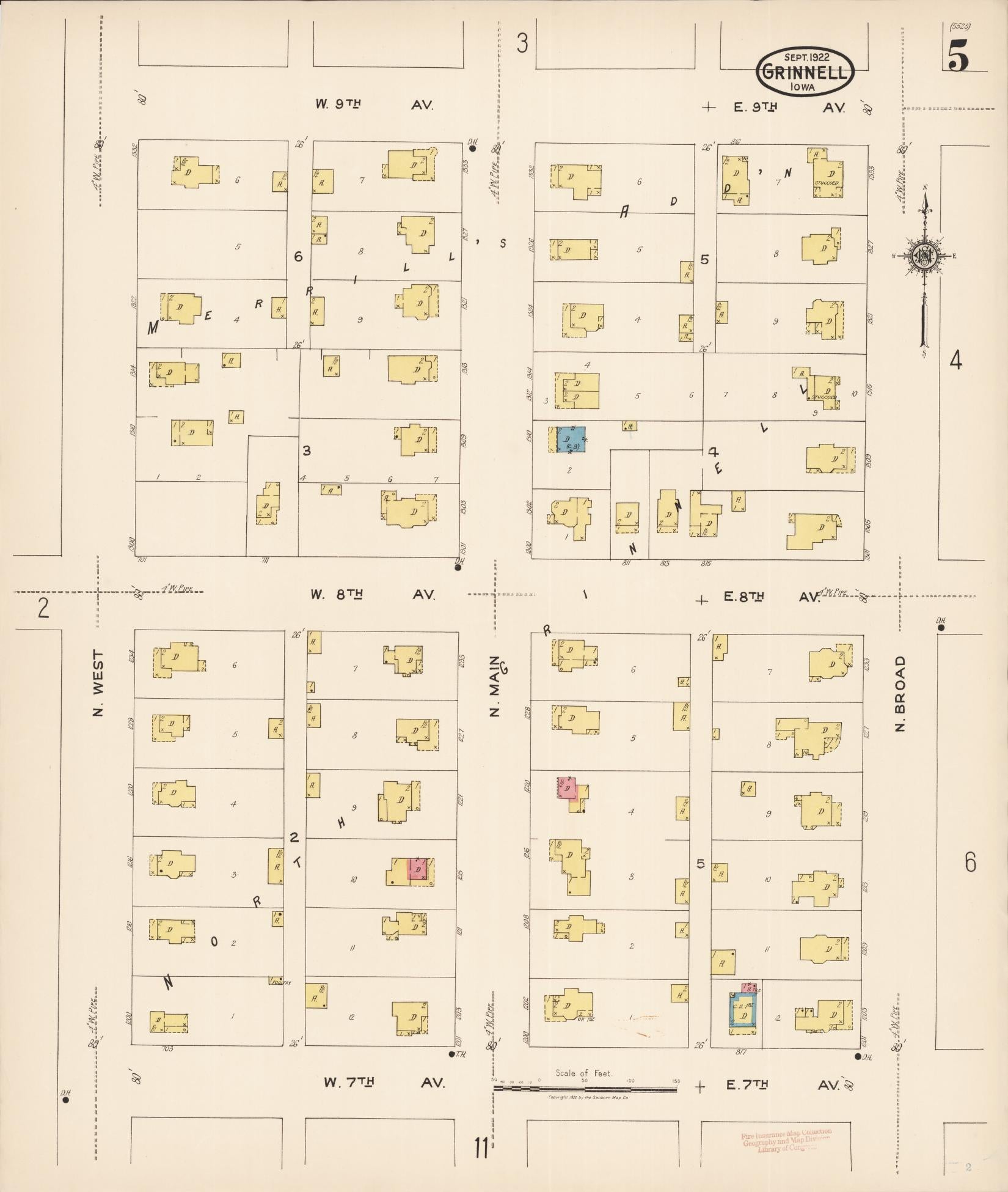 Sanborn Fire Insurance Map from Grinnell, Poweshiek County, Iowa (1922), Sheet #0005 - Historic Sanborn Fire Insurance Map Print, vintage old map wall art