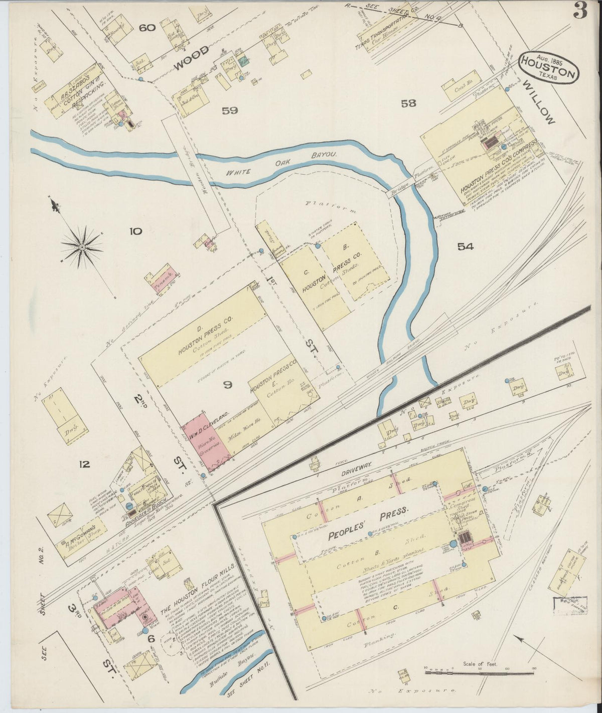 Sanborn Fire Insurance Map from Houston, Harris County, Texas (1885), Sheet #0003 - Complete Map Set gallery image, historic Sanborn map, vintage wall art, Texas Texas