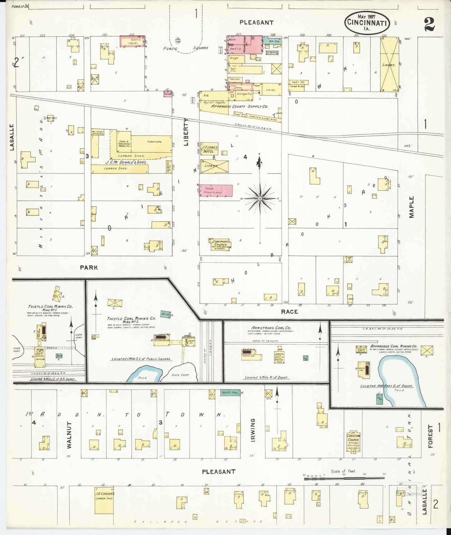 Sanborn Fire Insurance Map from Cincinnati, Appanoose County, Iowa (1907), Sheet #0002 - Historic Sanborn Fire Insurance Map Print, vintage old map wall art