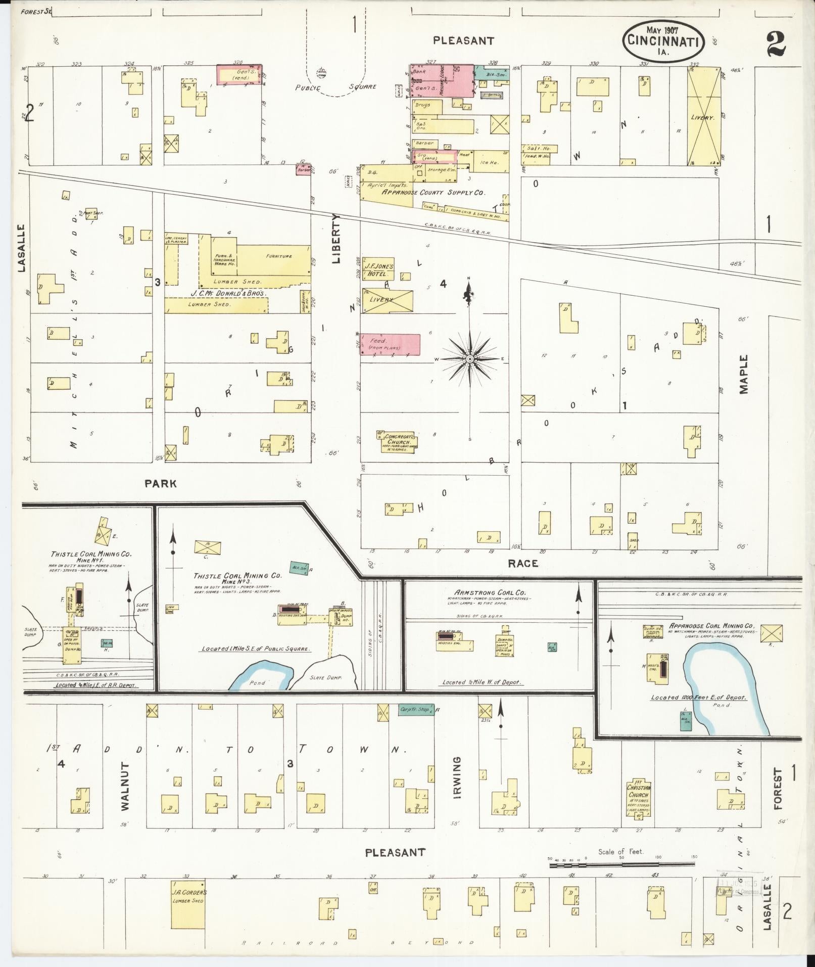 Sanborn Fire Insurance Map from Cincinnati, Appanoose County, Iowa (1907), Sheet #0002 - Historic Sanborn Fire Insurance Map Print, vintage old map wall art