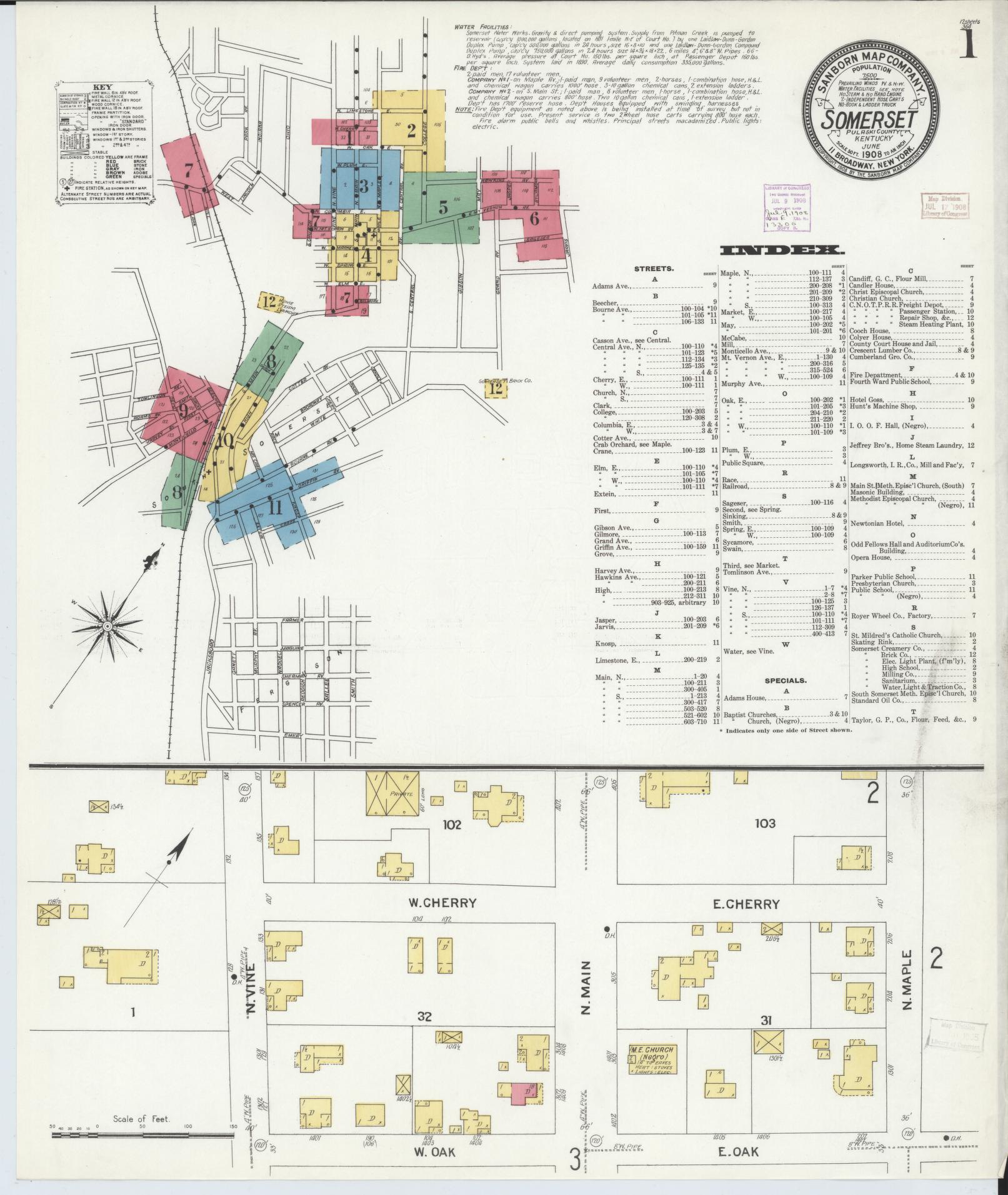Sanborn Fire Insurance Map from Somerset, Pulaski County, Kentucky (1908), Sheet #0001 - Complete Map Set gallery image, historic Sanborn map, vintage wall art, Kentucky Kentucky