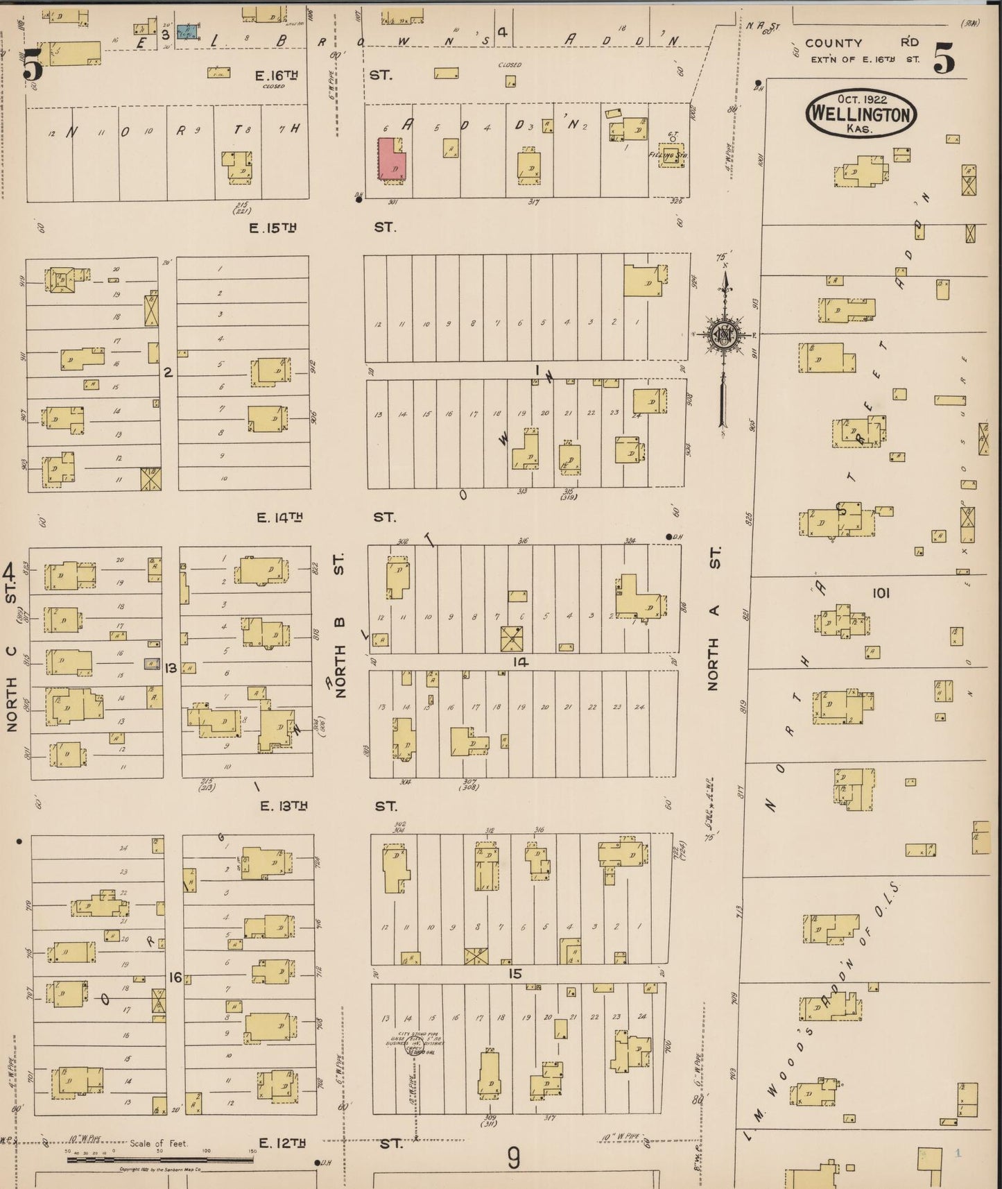 Sanborn Fire Insurance Map from Wellington, Sumner County, Kansas (1922), Sheet #0005 - Complete Map Set gallery image, historic Sanborn map, vintage wall art, Kansas Kansas