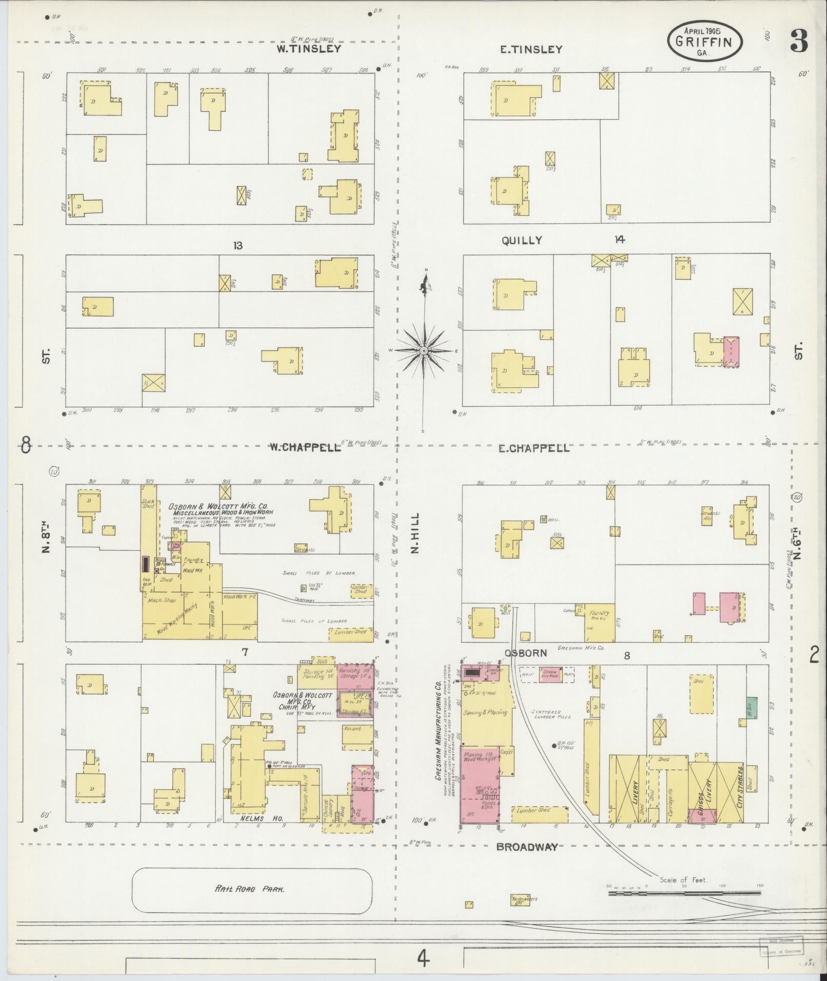 Sanborn Fire Insurance Map from Griffin, Spalding County, Georgia (1905), Sheet #0003 - Historic Sanborn Fire Insurance Map Print, vintage old map wall art, antique decor, genealogy gift, Georgia Georgia map