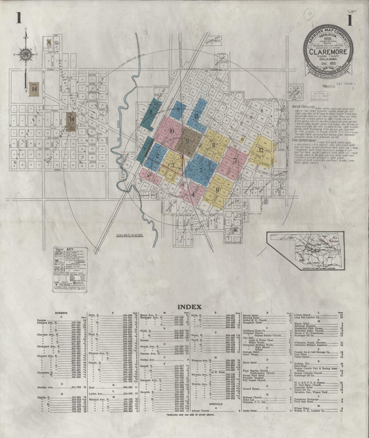 Sanborn Fire Insurance Map from Claremore, Rogers County, Oklahoma (1925), Sheet #0001 - Complete Map Set gallery image, historic Sanborn map, vintage wall art, Oklahoma Oklahoma