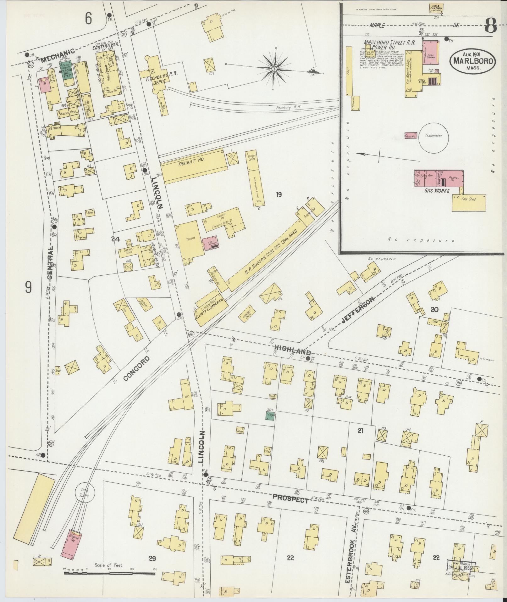 Sanborn Fire Insurance Map from Marlborough, Middlesex County, Massachusetts (1901), Sheet #0008 - Historic Sanborn Fire Insurance Map Print, vintage old map wall art, antique decor, genealogy gift, Massachusetts Massachusetts map