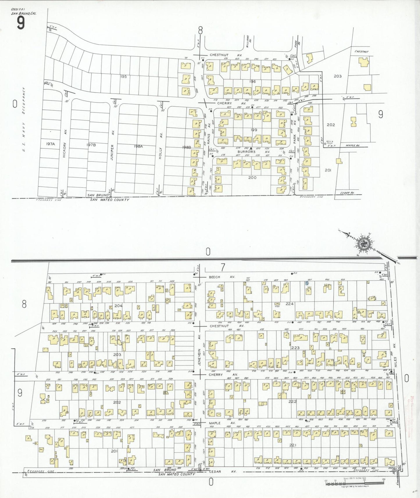 Sanborn Fire Insurance Map from San Bruno, San Mateo County, California (1949), Sheet #0009 - Complete Map Set gallery image, historic Sanborn map, vintage wall art, California California