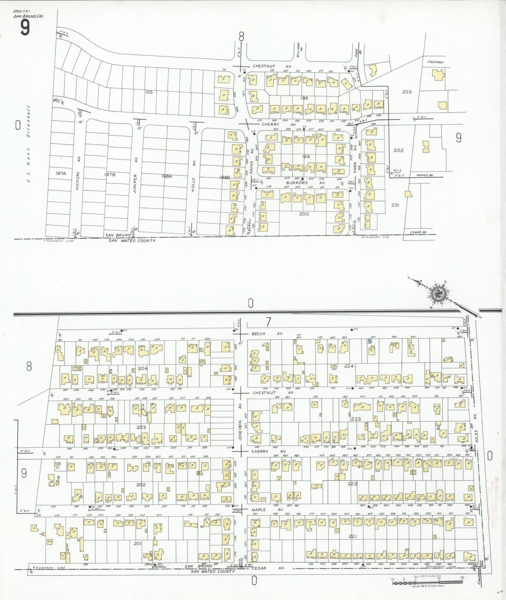 Sanborn Fire Insurance Map from San Bruno, San Mateo County, California (1949), Sheet #0009 - Complete Map Set gallery image, historic Sanborn map, vintage wall art, California California
