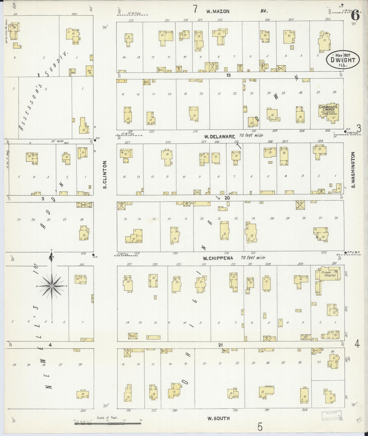 Sanborn Fire Insurance Map from Dwight, Livingston County, Illinois (1907), Sheet #0006 - Complete Map Set gallery image, historic Sanborn map, vintage wall art, Illinois Illinois