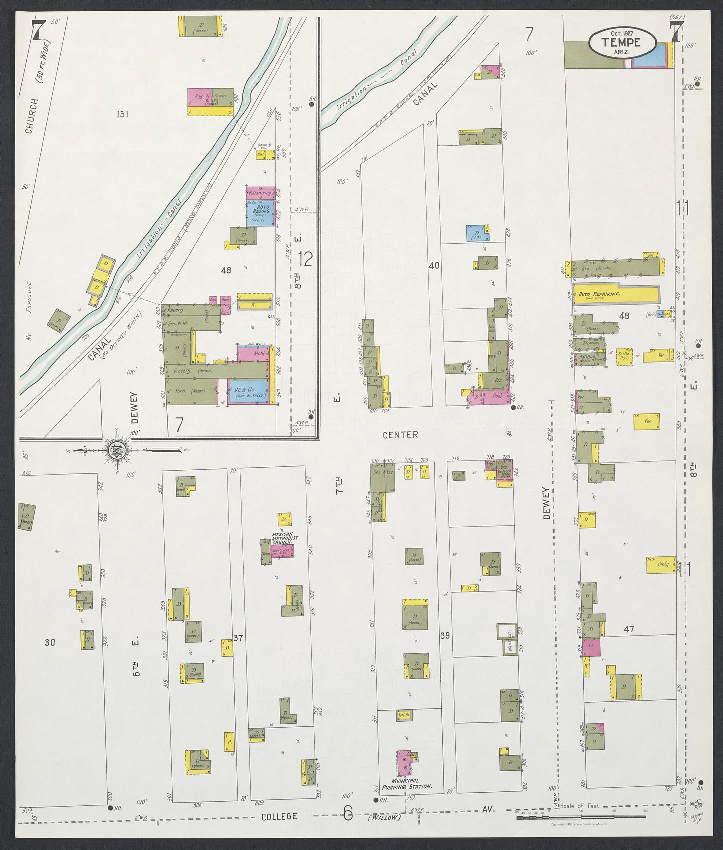 Sanborn Fire Insurance Map from Tempe, Maricopa County, Arizona (1927), Sheet #0007 - Historic Sanborn Fire Insurance Map Print, vintage old map wall art, antique decor, genealogy gift, Arizona Arizona map