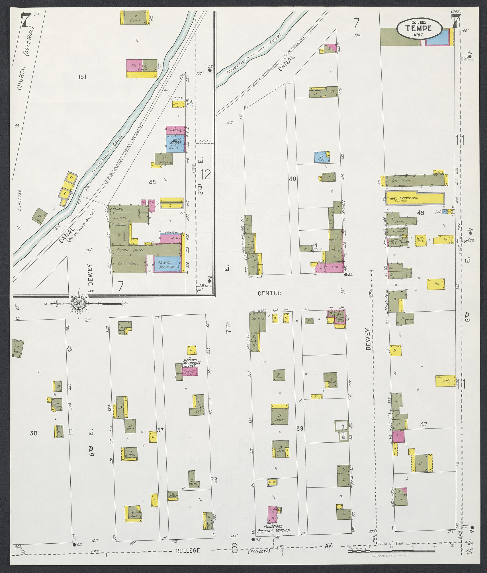 Sanborn Fire Insurance Map from Tempe, Maricopa County, Arizona (1927), Sheet #0007 - Historic Sanborn Fire Insurance Map Print, vintage old map wall art, antique decor, genealogy gift, Arizona Arizona map