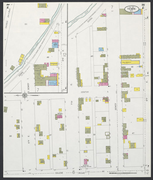 Sanborn Fire Insurance Map from Tempe, Maricopa County, Arizona (1927), Sheet #0007 - Historic Sanborn Fire Insurance Map Print, vintage old map wall art, antique decor, genealogy gift, Arizona Arizona map