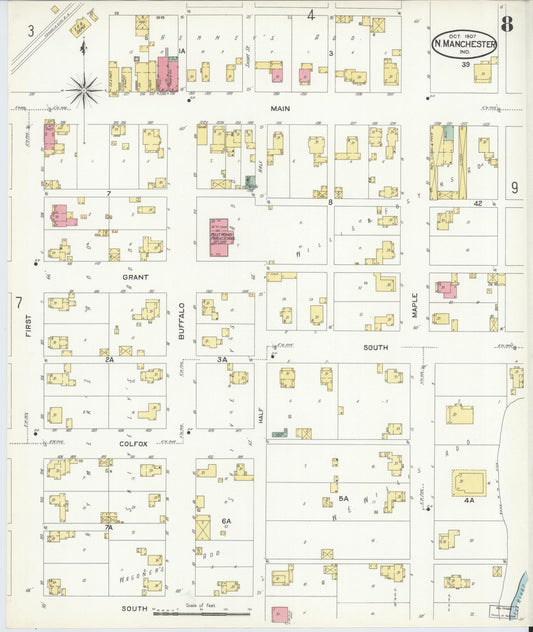 Sanborn Fire Insurance Map from North Manchester, Wabash County, Indiana (1907), Sheet #0008 - Historic Sanborn Fire Insurance Map Print, vintage old map wall art, antique decor, genealogy gift, Indiana Indiana map
