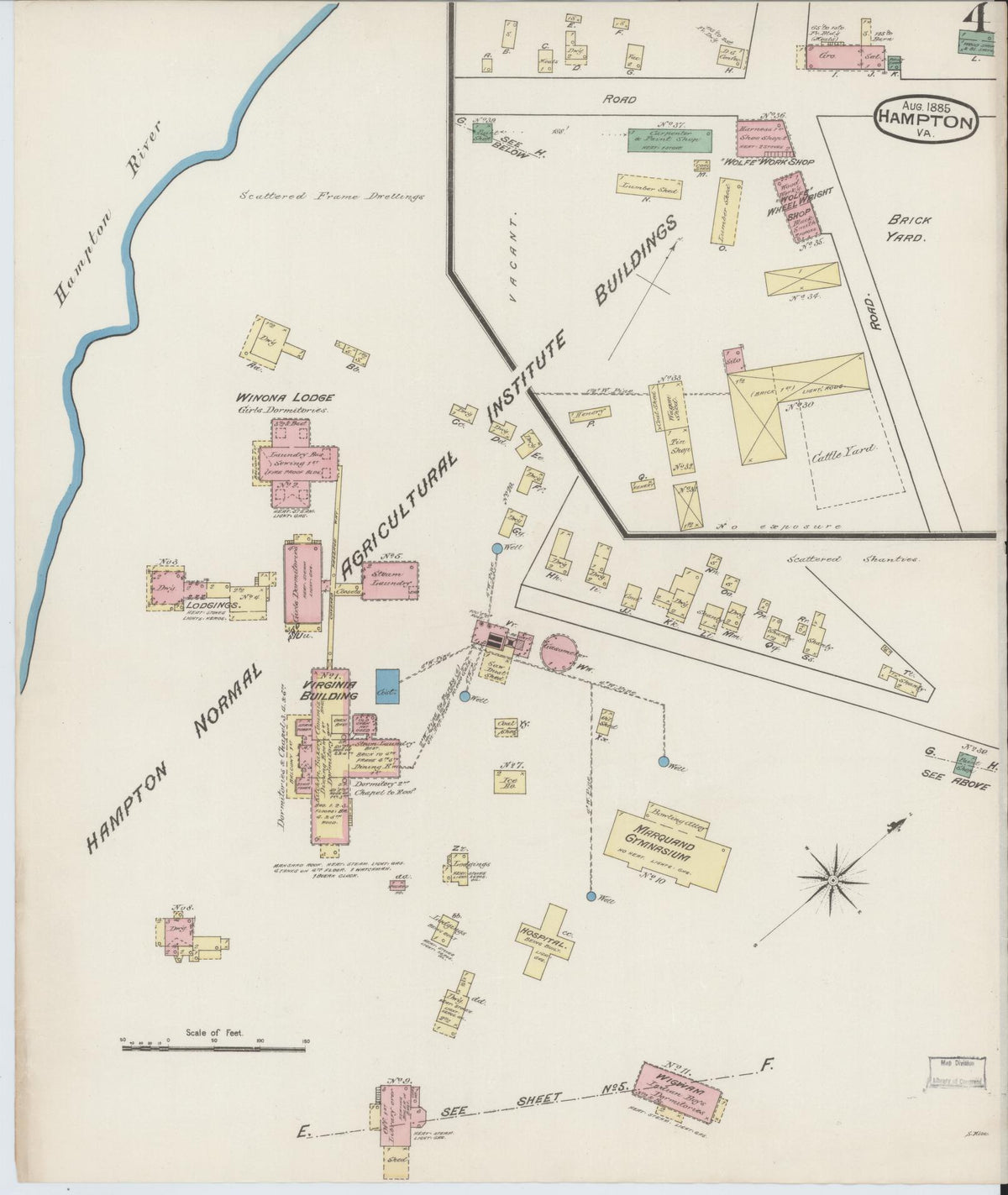 Sanborn Fire Insurance Map from Hampton, Independent Cities, Virginia (1885), Sheet #0004 - Historic Sanborn Fire Insurance Map Print, vintage old map wall art, antique decor, genealogy gift, Virginia Virginia map