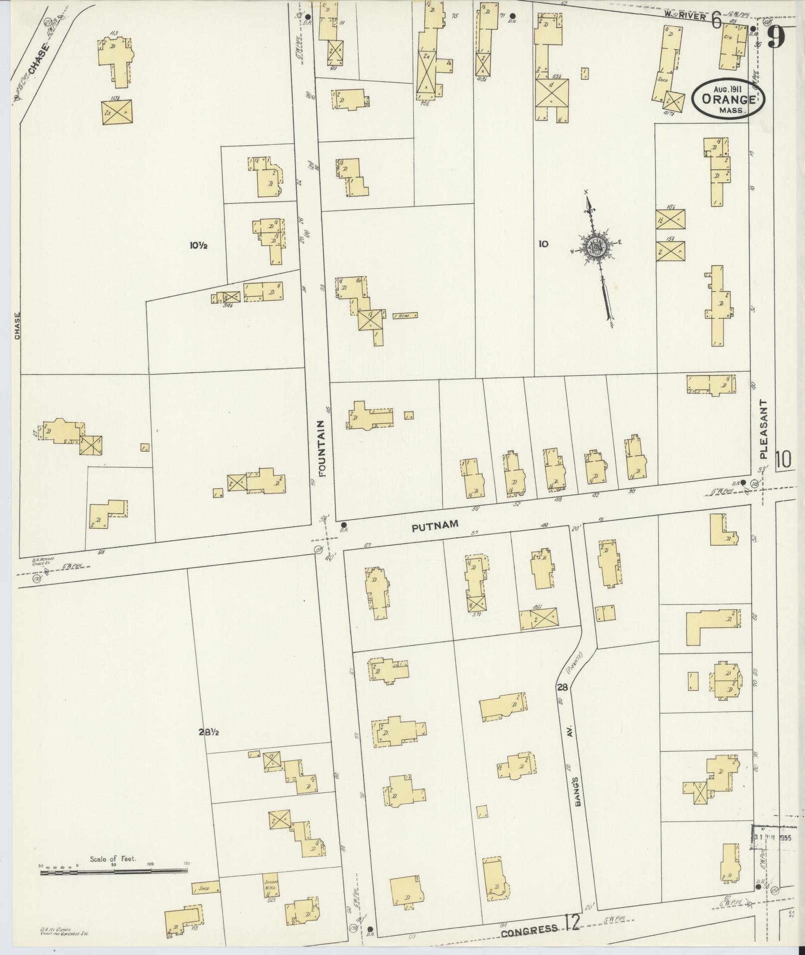 Sanborn Fire Insurance Map from Orange, Franklin County, Massachusetts (1911), Sheet #0009 - Historic Sanborn Fire Insurance Map Print, vintage old map wall art, antique decor, genealogy gift, Massachusetts Massachusetts map