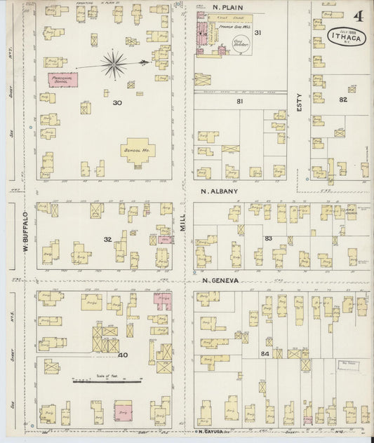 Sanborn Fire Insurance Map from Ithaca, Tompkins County, New York (1888), Sheet #0004 - Historic Sanborn Fire Insurance Map Print, vintage old map wall art, antique decor, genealogy gift, New York New York map