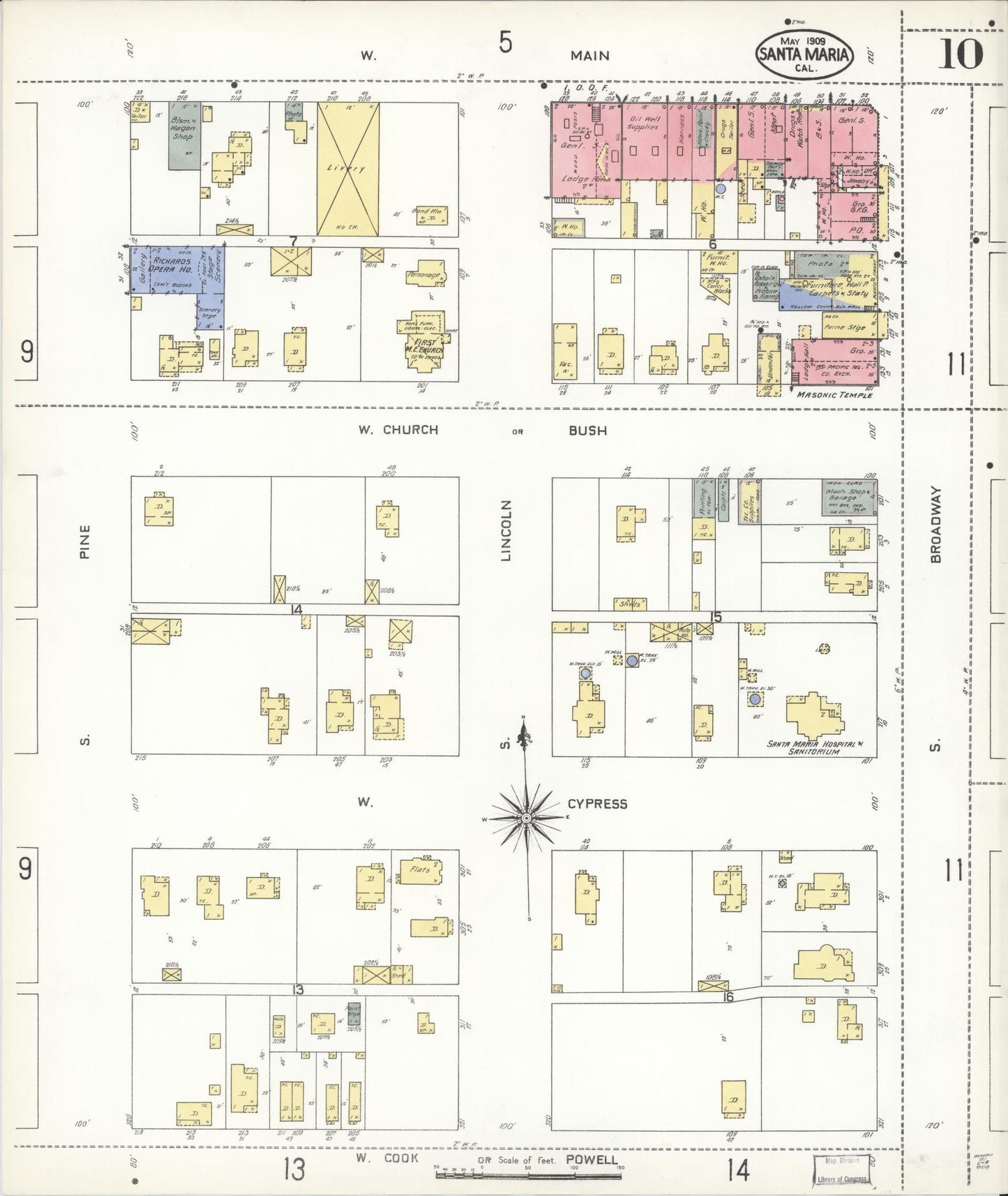 Sanborn Fire Insurance Map from Santa Maria, Santa Barbara County, California (1909), Sheet #0010 - Complete Map Set gallery image, historic Sanborn map, vintage wall art, California California