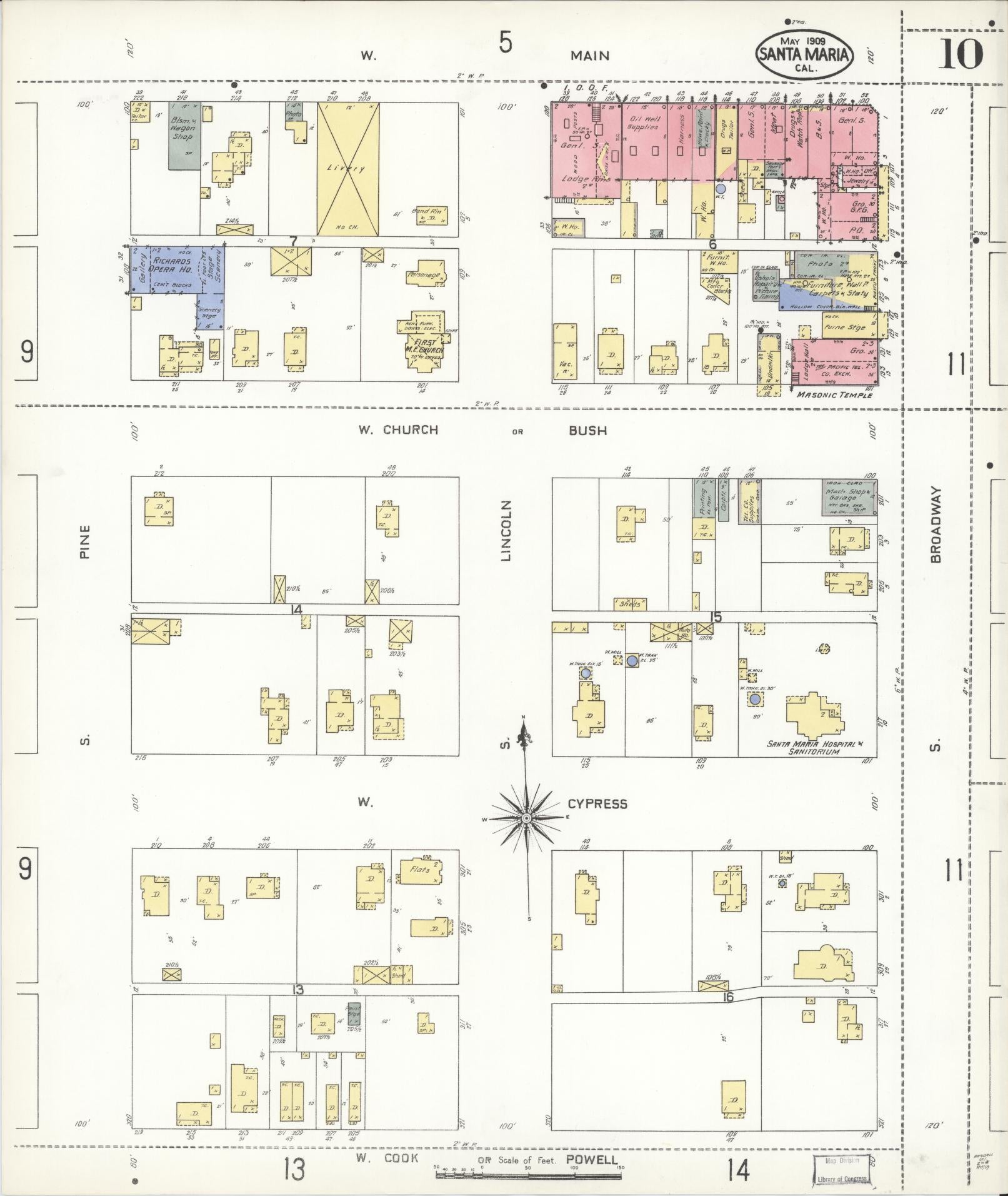 Sanborn Fire Insurance Map from Santa Maria, Santa Barbara County, California (1909), Sheet #0010 - Complete Map Set gallery image, historic Sanborn map, vintage wall art, California California