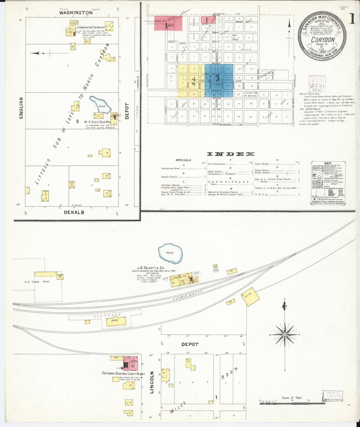 Sanborn Fire Insurance Map from Corydon, Wayne County, Iowa (1907), Sheet #0001 - Historic Sanborn Fire Insurance Map Print, vintage old map wall art
