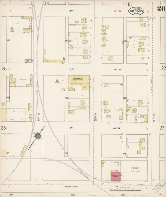 Sanborn Fire Insurance Map from Billings, Yellowstone County, Montana (1912), Sheet #0026 - Historic Sanborn Fire Insurance Map Print, vintage old map wall art, antique decor, genealogy gift, Montana Montana map