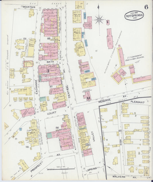 Sanborn Fire Insurance Map from Hot Springs, Garland County, Arkansas (1892), Sheet #0006 - Historic Sanborn Fire Insurance Map Print, vintage old map wall art, antique decor, genealogy gift, Arkansas Arkansas map