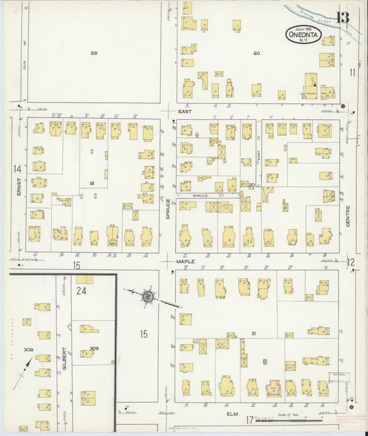 Sanborn Fire Insurance Map from Oneonta, Otsego County, New York (1916), Sheet #0013 - Historic Sanborn Fire Insurance Map Print, vintage old map wall art, antique decor, genealogy gift, New York New York map