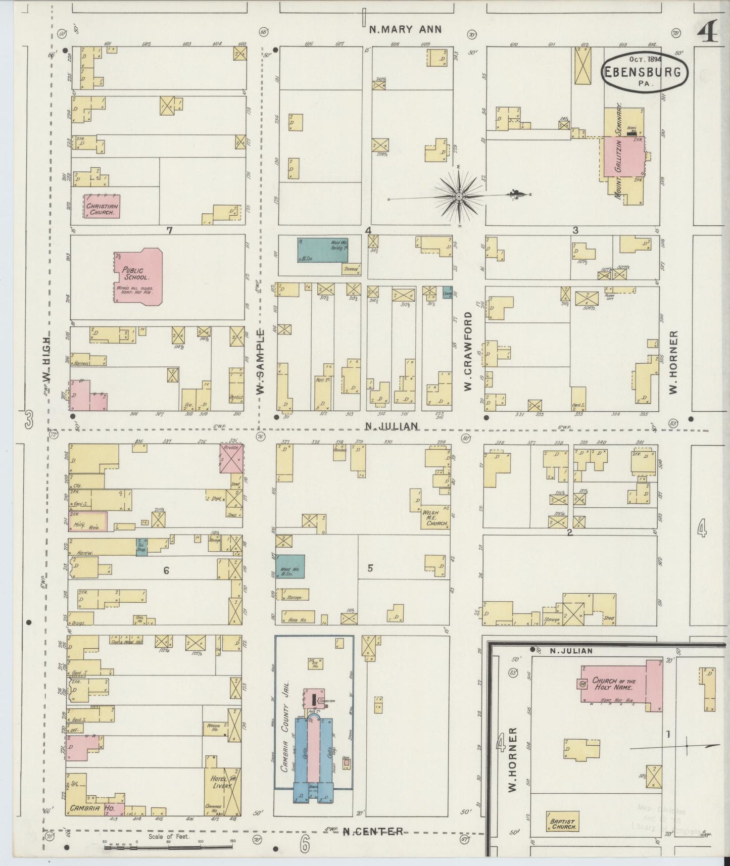 Sanborn Fire Insurance Map from Ebensburg, Cambria County, Pennsylvania (1894), Sheet #0004 - Historic Sanborn Fire Insurance Map Print, vintage old map wall art, antique decor, genealogy gift, Pennsylvania Pennsylvania map