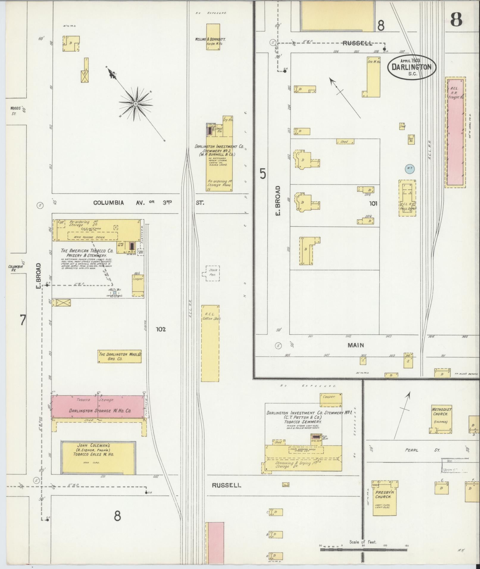 Sanborn Fire Insurance Map from Darlington, Darlington County, South Carolina (1903), Sheet #0008 - Historic Sanborn Fire Insurance Map Print, vintage old map wall art, antique decor, genealogy gift, South Carolina South Carolina map