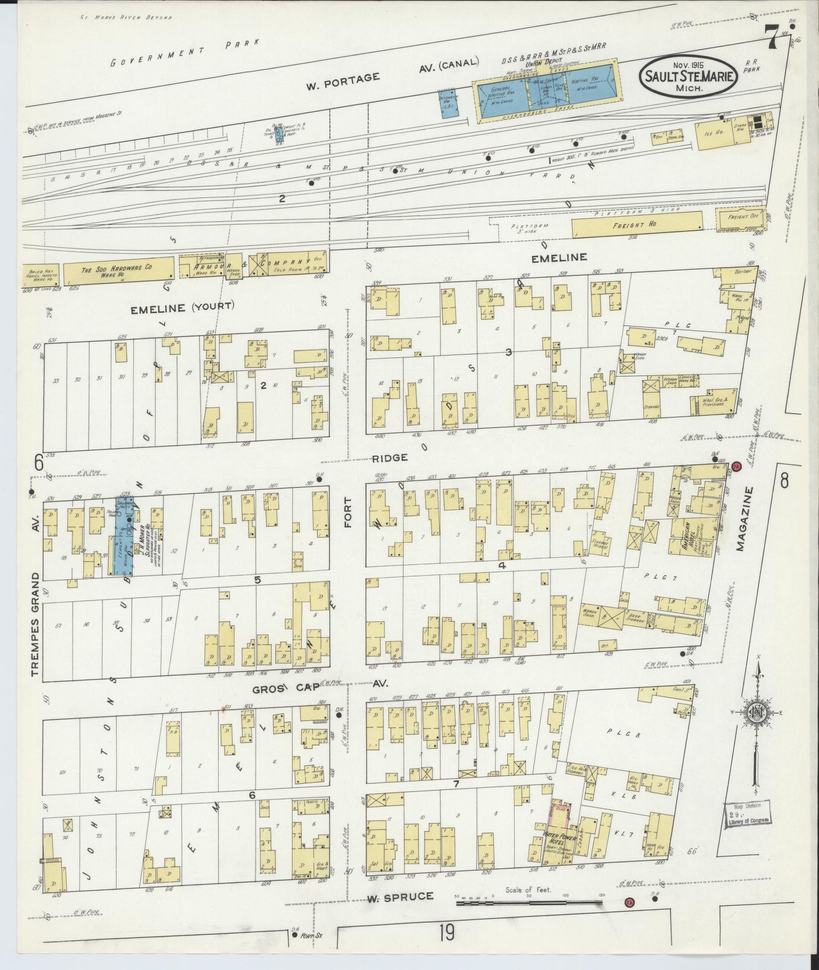 Sanborn Fire Insurance Map from Sault Sainte Marie, Chippewa County, Michigan (1915), Sheet #0007 - Complete Map Set gallery image, historic Sanborn map, vintage wall art, Michigan Michigan