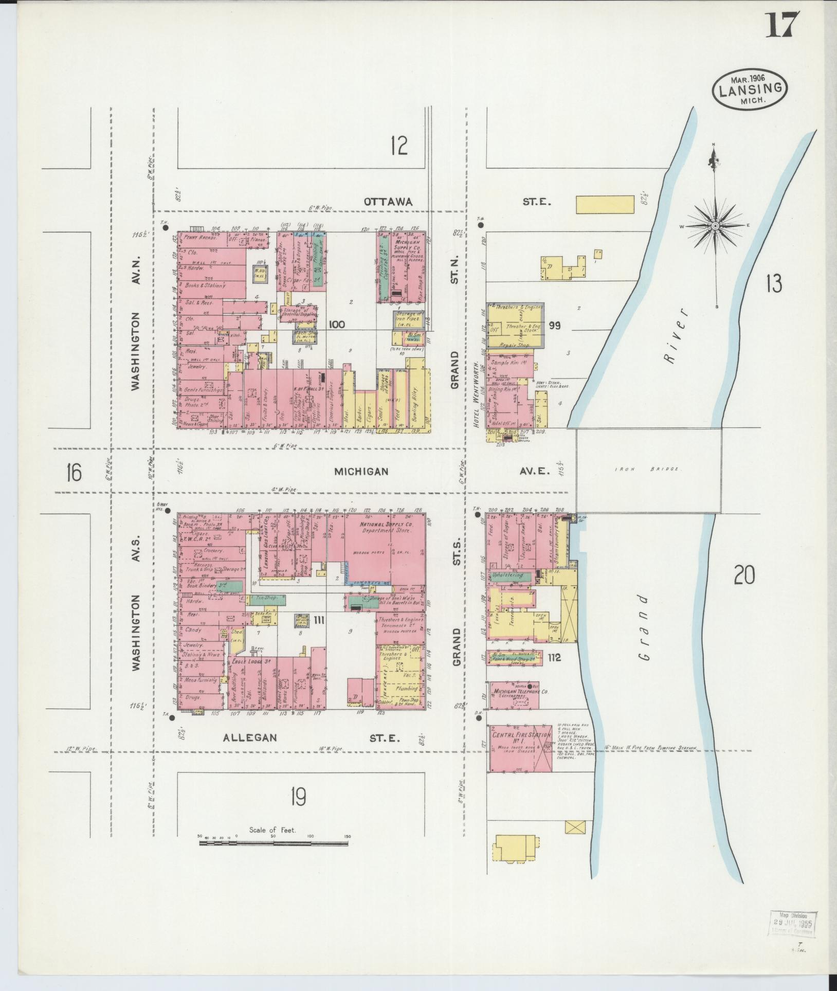Sanborn Fire Insurance Map from Lansing, Ingham County, Michigan (1906), Sheet #0017 - Historic Sanborn Fire Insurance Map Print, vintage old map wall art, antique decor, genealogy gift, Michigan Michigan map