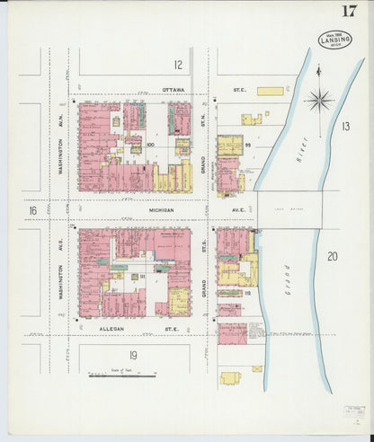 Sanborn Fire Insurance Map from Lansing, Ingham County, Michigan (1906), Sheet #0017 - Historic Sanborn Fire Insurance Map Print, vintage old map wall art, antique decor, genealogy gift, Michigan Michigan map