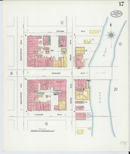 Sanborn Fire Insurance Map from Lansing, Ingham County, Michigan (1906), Sheet #0017 - Historic Sanborn Fire Insurance Map Print, vintage old map wall art, antique decor, genealogy gift, Michigan Michigan map