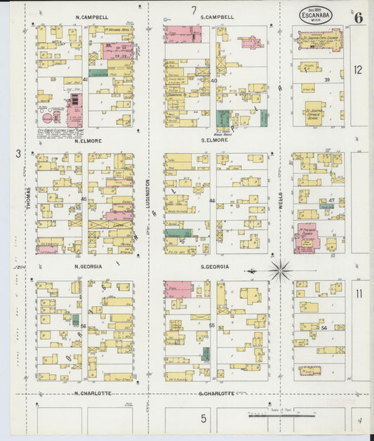 Sanborn Fire Insurance Map from Escanaba, Delta County, Michigan (1899), Sheet #0006 - Historic Sanborn Fire Insurance Map Print, vintage old map wall art, antique decor, genealogy gift, Michigan Michigan map