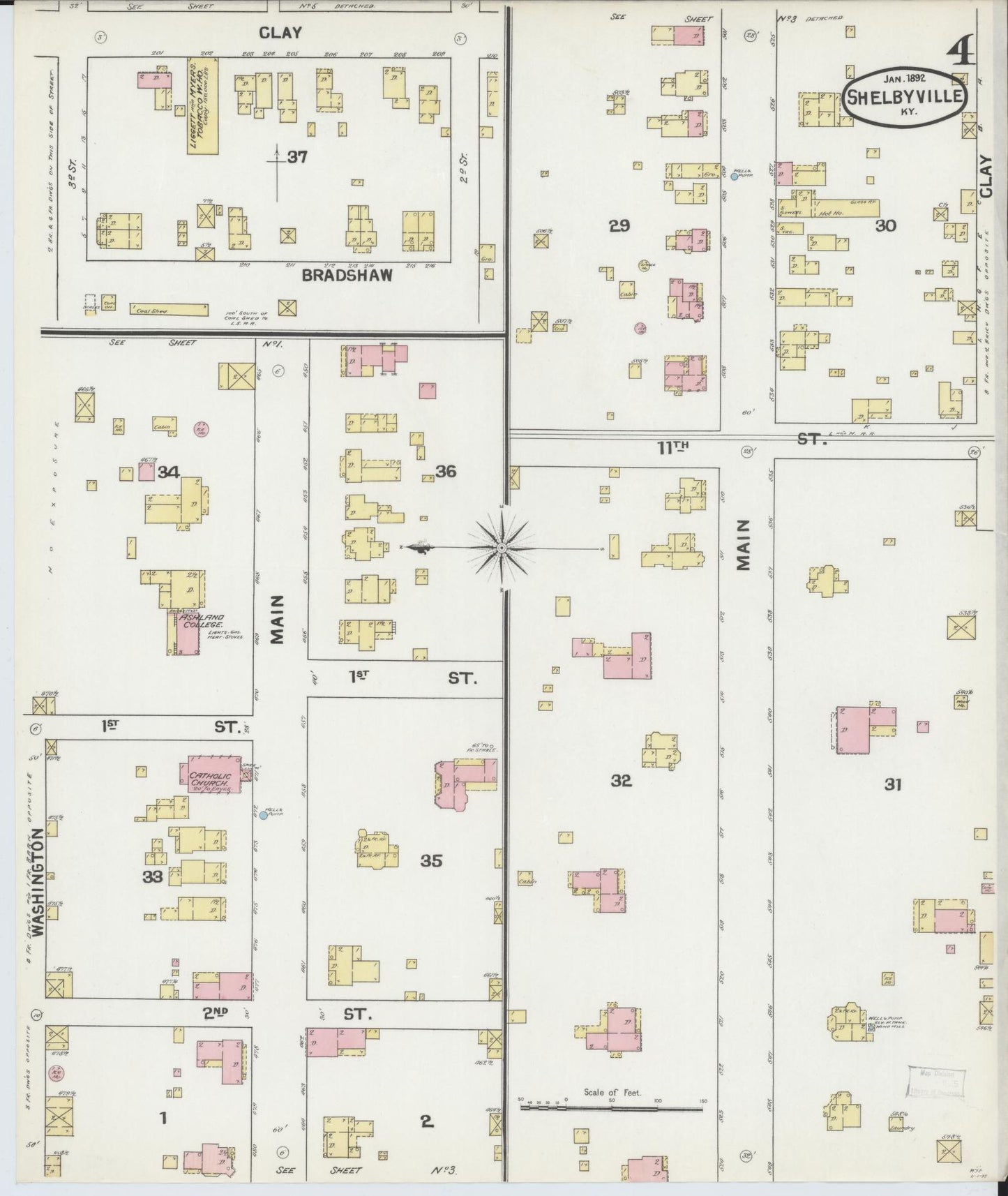 Sanborn Fire Insurance Map from Shelbyville, Shelby County, Kentucky (1892), Sheet #0004 - Historic Sanborn Fire Insurance Map Print, vintage old map wall art, antique decor, genealogy gift, Kentucky Kentucky map