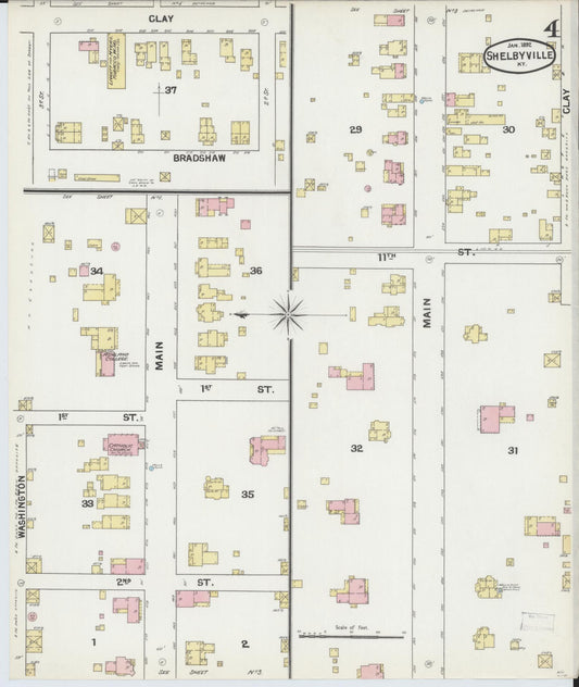 Sanborn Fire Insurance Map from Shelbyville, Shelby County, Kentucky (1892), Sheet #0004 - Historic Sanborn Fire Insurance Map Print, vintage old map wall art, antique decor, genealogy gift, Kentucky Kentucky map