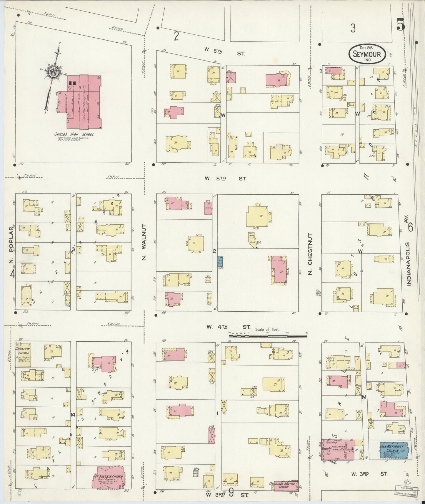 Sanborn Fire Insurance Map from Seymour, Jackson County, Indiana (1913), Sheet #0005 - Historic Sanborn Fire Insurance Map Print, vintage old map wall art, antique decor, genealogy gift, Indiana Indiana map