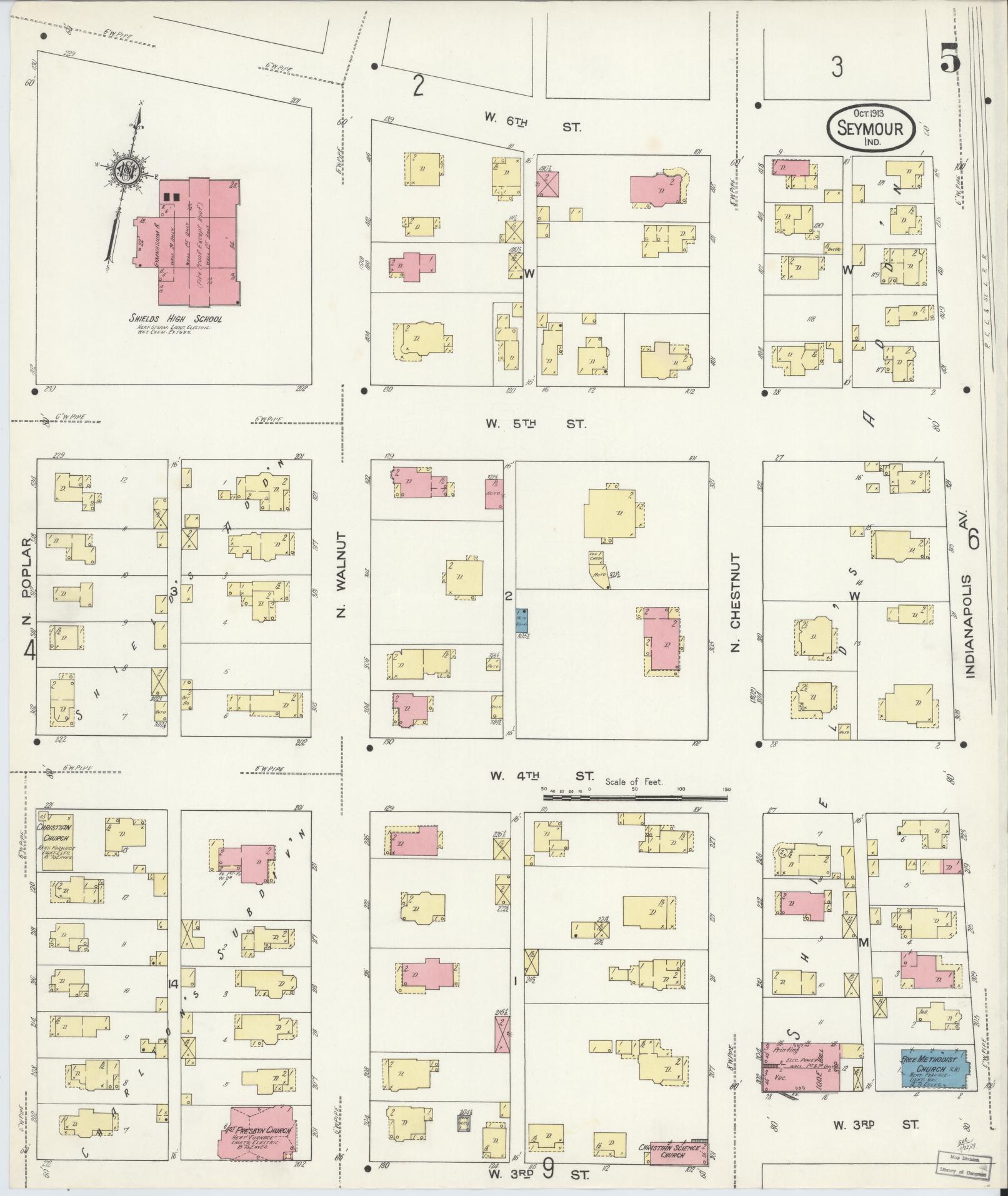 Sanborn Fire Insurance Map from Seymour, Jackson County, Indiana (1913), Sheet #0005 - Historic Sanborn Fire Insurance Map Print, vintage old map wall art, antique decor, genealogy gift, Indiana Indiana map