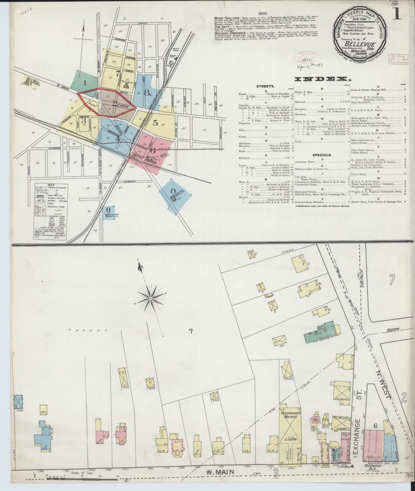 Sanborn Fire Insurance Map from Bellevue, Huron And Sandusky County, Ohio (1893), Sheet #0001 - Historic Sanborn Fire Insurance Map Print, vintage old map wall art, antique decor, genealogy gift, Ohio Ohio map