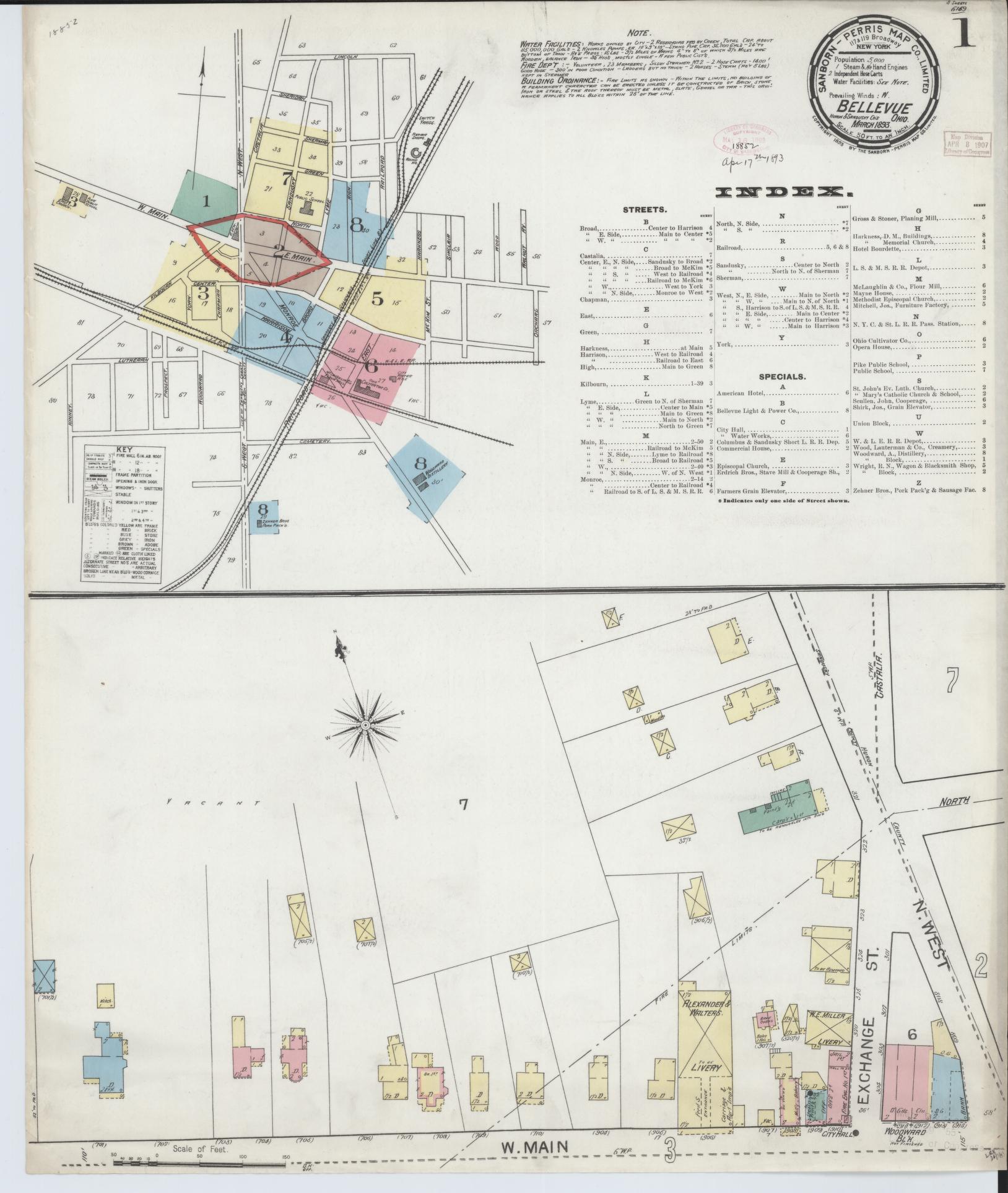 Sanborn Fire Insurance Map from Bellevue, Huron And Sandusky County, Ohio (1893), Sheet #0001 - Historic Sanborn Fire Insurance Map Print, vintage old map wall art, antique decor, genealogy gift, Ohio Ohio map