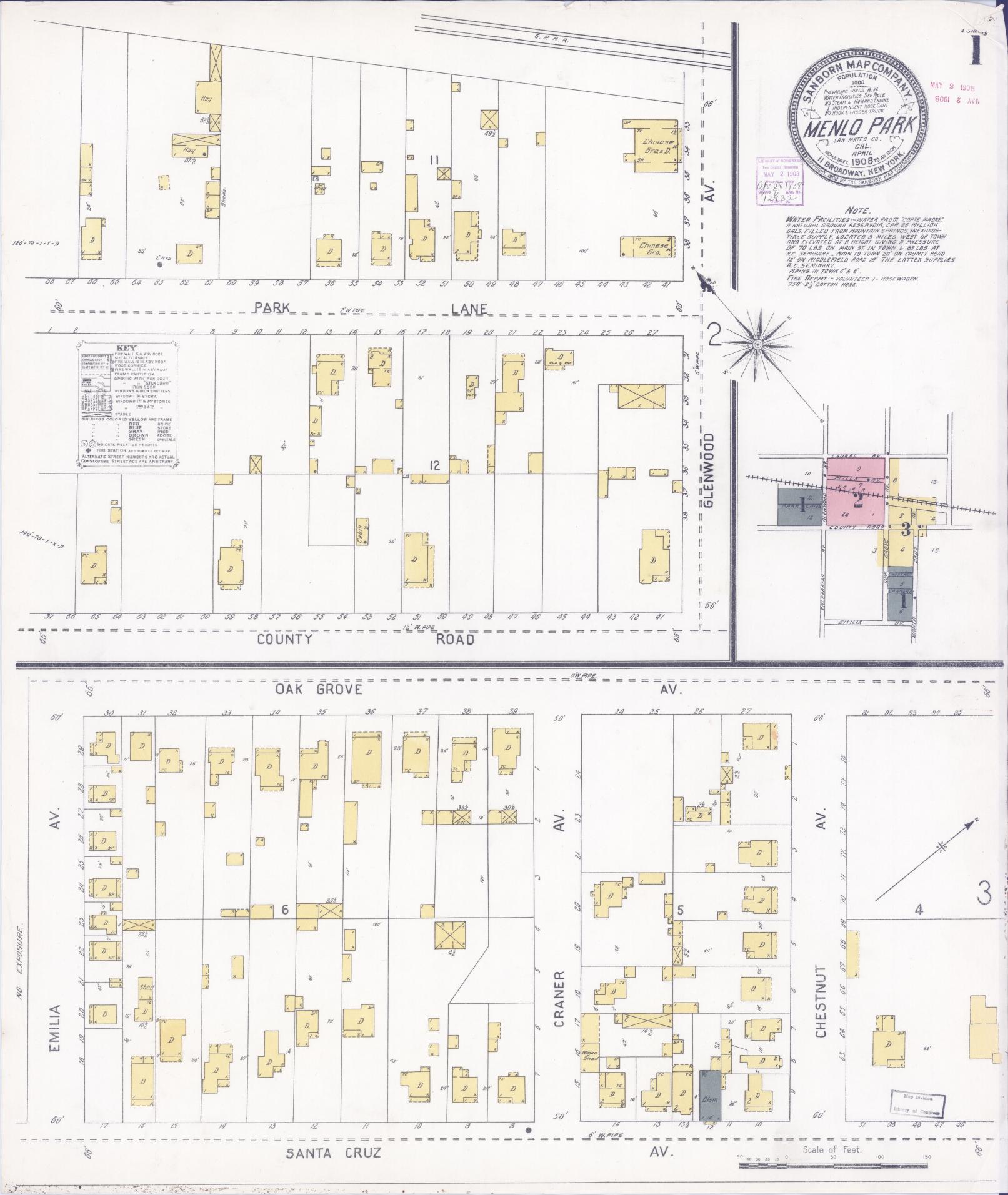 Sanborn Fire Insurance Map from Menlo Park, San Mateo County, California (1908), Sheet #0001 - Historic Sanborn Fire Insurance Map Print, vintage old map wall art, antique decor, genealogy gift, California California map